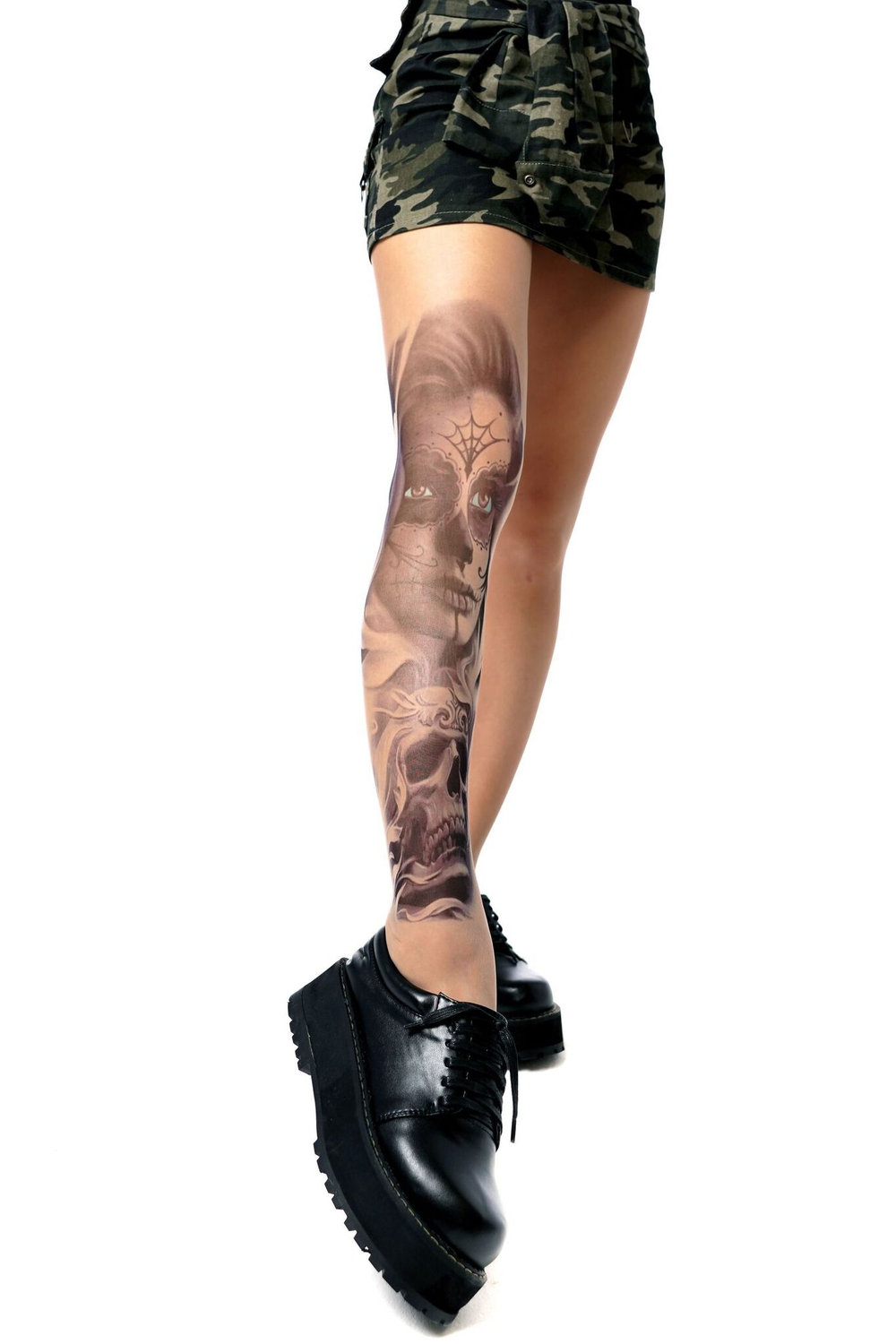 Колготки с принтом в виде девушки с макияжем калавера (Размер: S-M-L) (Цвет: бежевый)