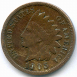 1 цент 1905 год. США. Голова индейца. Бронза, диаметр 19 мм. VF