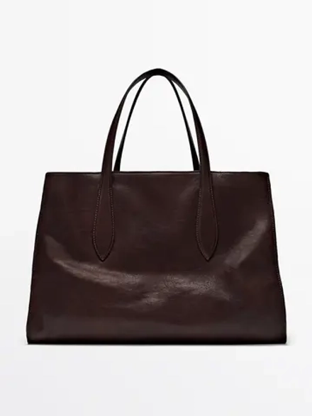 Massimo Dutti Большая сумка-шопер из кожи наппа, красновато-коричневый