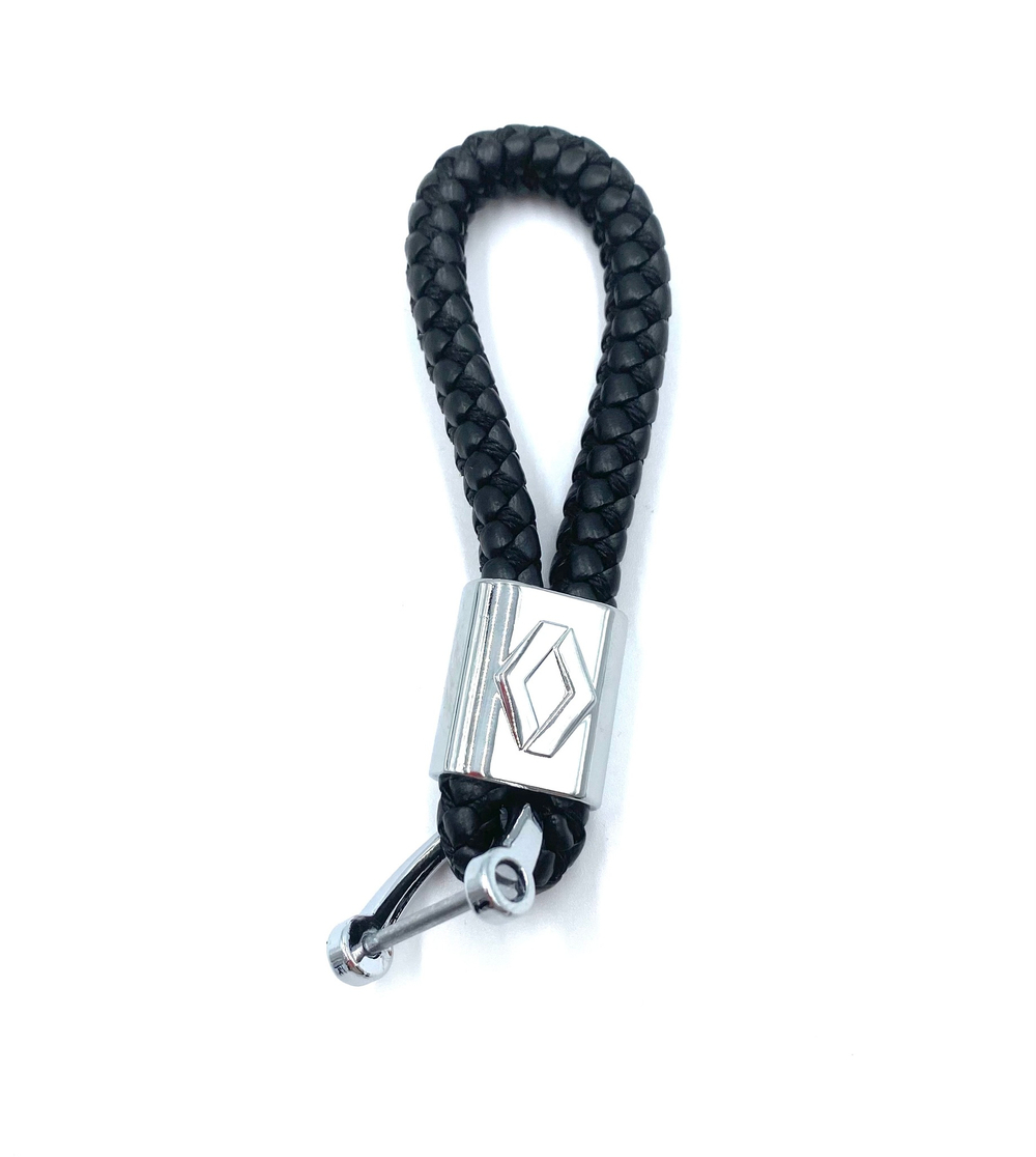 Брелок для ключей кожаный с эмблемой Renault с карабином (кожзам, косичка, черный цвет)