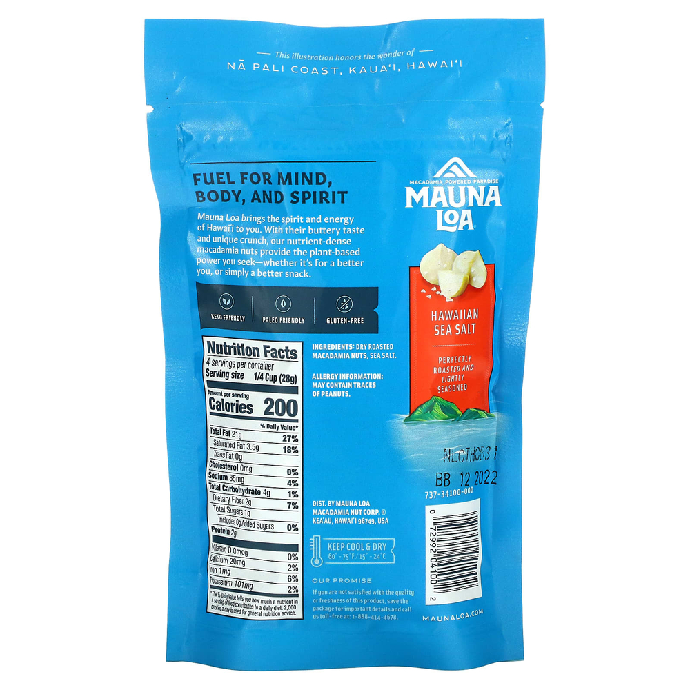Mauna Loa, Dry Roasted Macadamias, гавайская морская соль, 113 г (4 унции)
