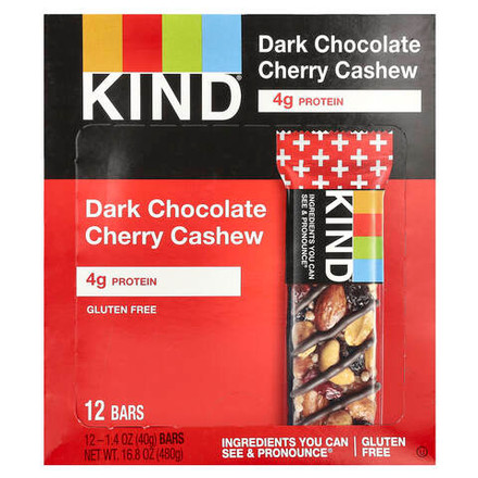 KIND Bars, Kind Plus, темный шоколад, вишня, кешью и антиоксиданты, 12 батончиков по 40 г (1,4 унции)