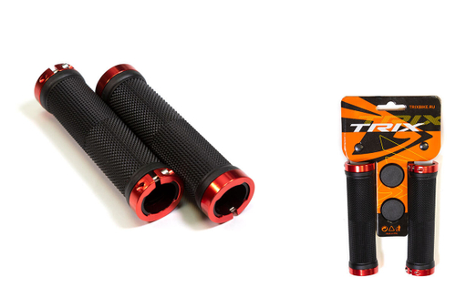 Грипсы TRIX, резиновые, 130мм, алюминиевые фиксаторы на руль красные - 4шт., с заглушками руля, черные