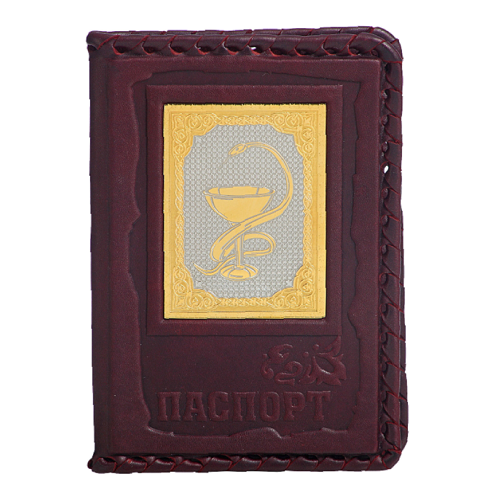 Обложка для паспорта «Медику-3» с накладкой покрытой золотом 999 пробы