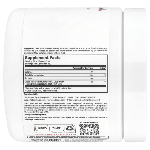 Codeage, Молозиво в порошке, без добавок, 120 г (4,3 унции)