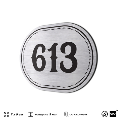 Номерок на дверь квартиры 613, для кабинета, офиса, шильдик 9 х 7 см, серебристый, Айдентика Технолоджи