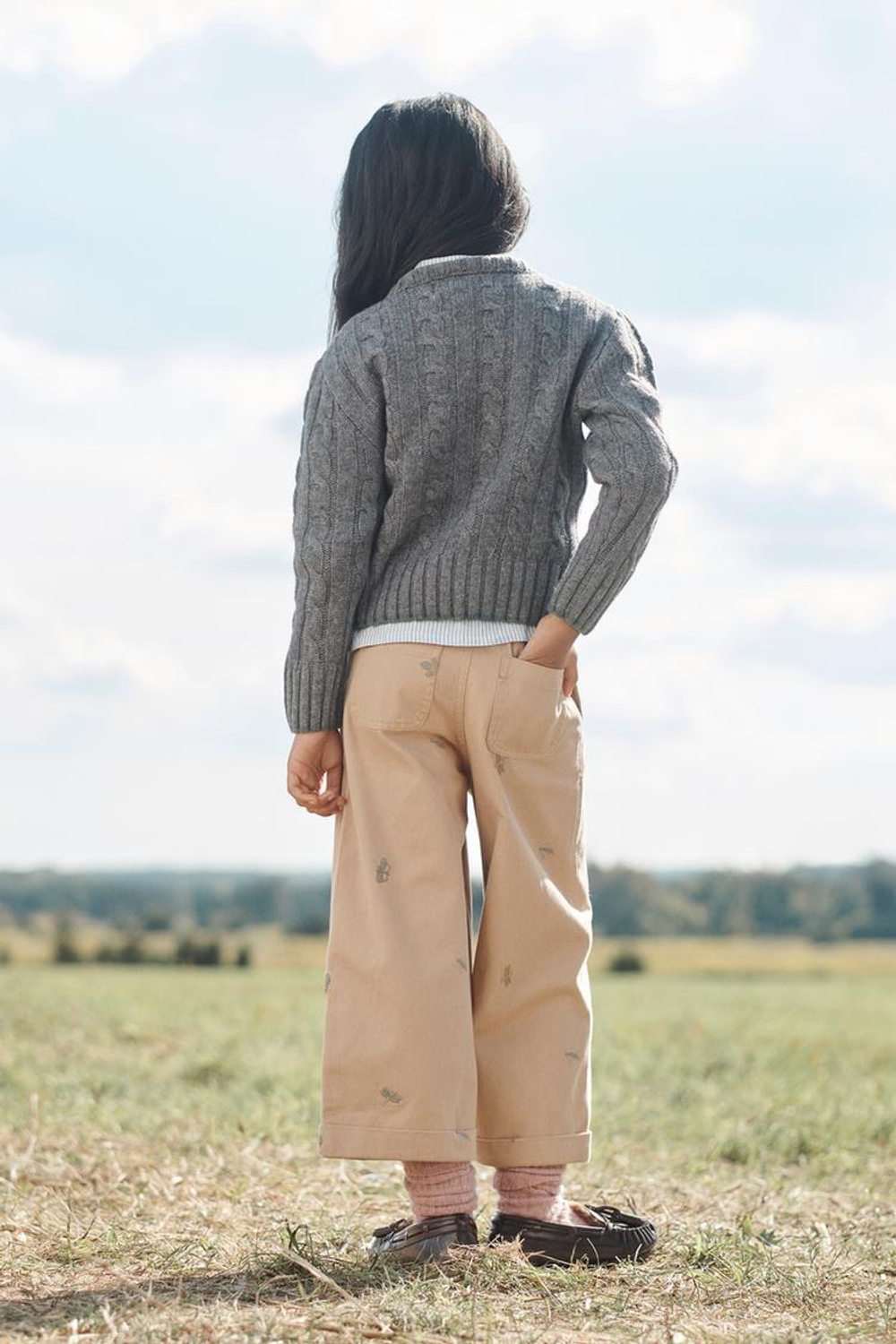 ZARA БРЮКИ ПРЯМОГО КРОЯ С ВЫШИВКОЙ, БЕЖЕВЫЙ