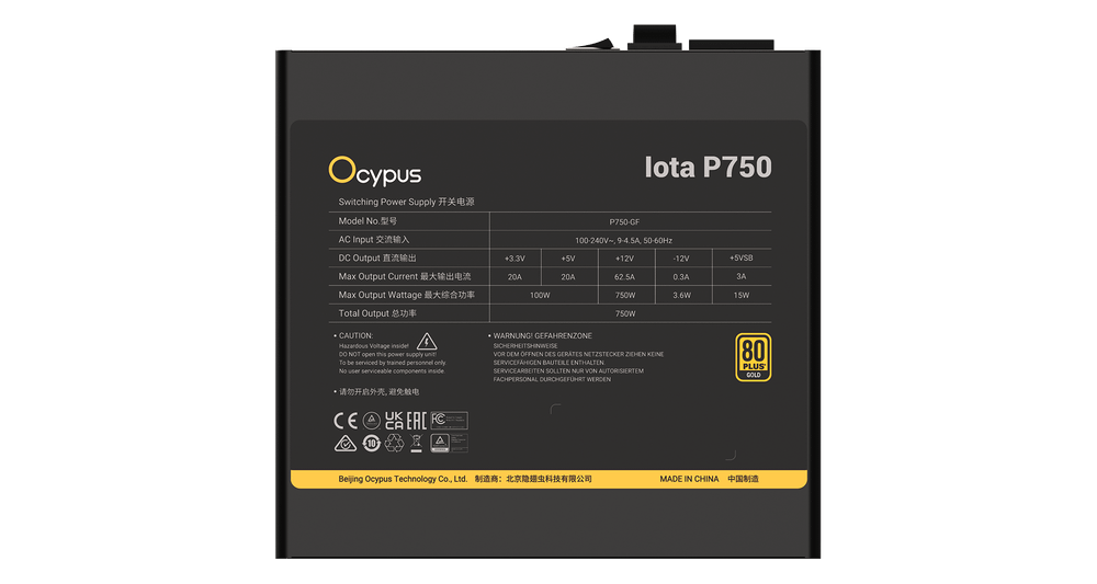 Блок питания Ocypus  750W, Iota P750, Full Modular, 80+ GOLD, 91%, Черный, Iota-P750-G1FFBK024X-EU