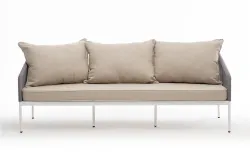 "Канны" диван 3-местный плетеный из роупа, каркас алюминий белый муар, роуп светло-серый круглый, ткань бежевая 15052