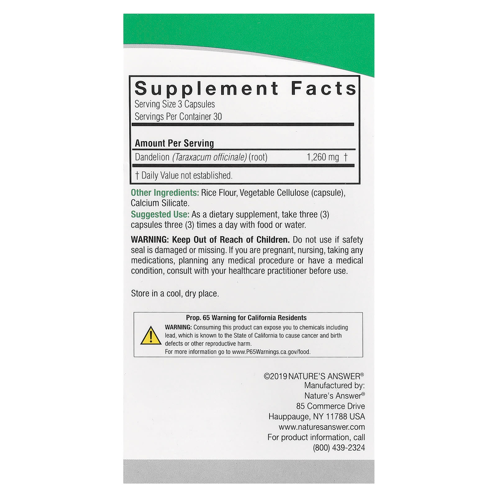 Nature's Answer, одуванчик, 90 вегетарианских капсул (420 мг в 1 капсуле)
