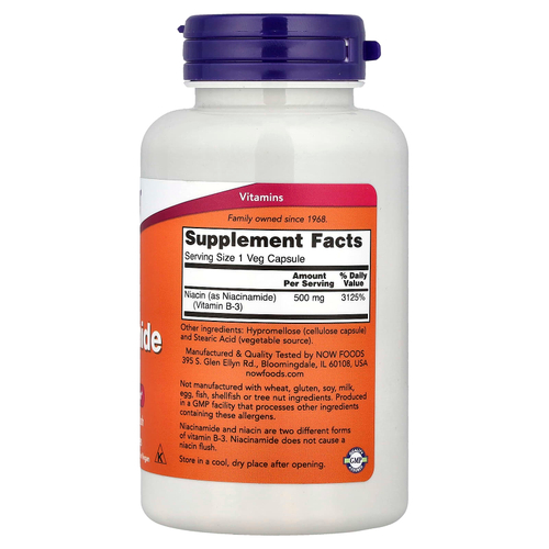 NOW Foods, никотинамид, 500 мг, 100 вегетарианских капсул