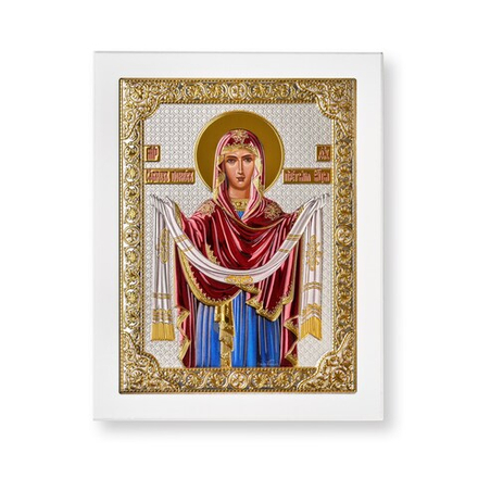 Покрова, икона прямоугольная с рамкой, белое дерево, эмаль 210х260