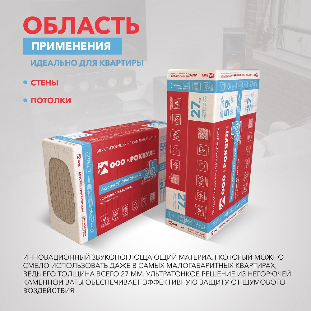 Базальтовая вата Rockwool Акустик Баттс Про Ультратонкий 1000х600х27 мм 12 плит в упаковке