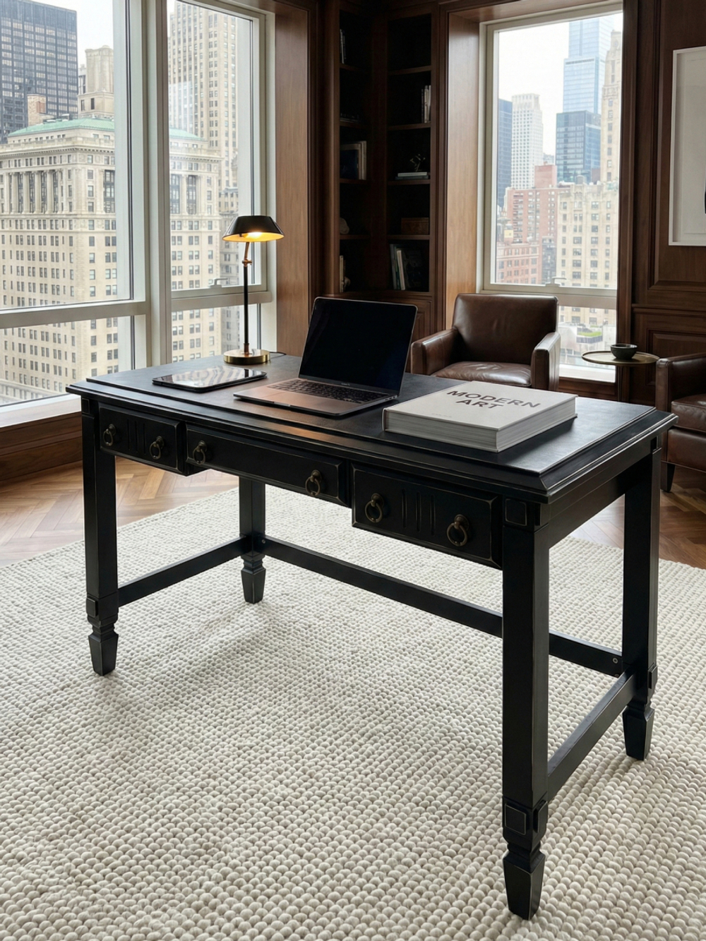 Стол письменный, 140х65х84, Джоли, компьютерный, с ящиками, массив березы, черный, MAKOSA