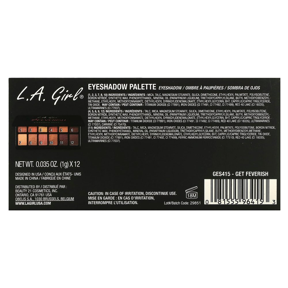 L.A. Girl, Палитра теней для век, GES415 Get Feverish, 12 г (0,42 унции)