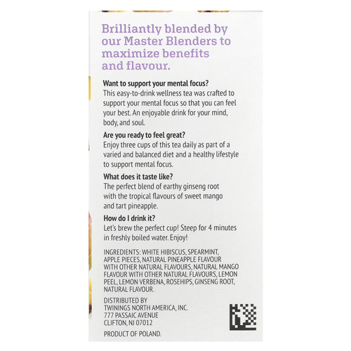 Twinings, Focus Herbal Tea, травяной чай с женьшенем, манго и ананасом, без кофеина, 18 чайных пакетиков, 27 г (0,95 унции)