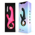 Розовый вибратор со стимулятором клитора и ручкой-кольцом - 22,6 см. (Цвет: розовый)