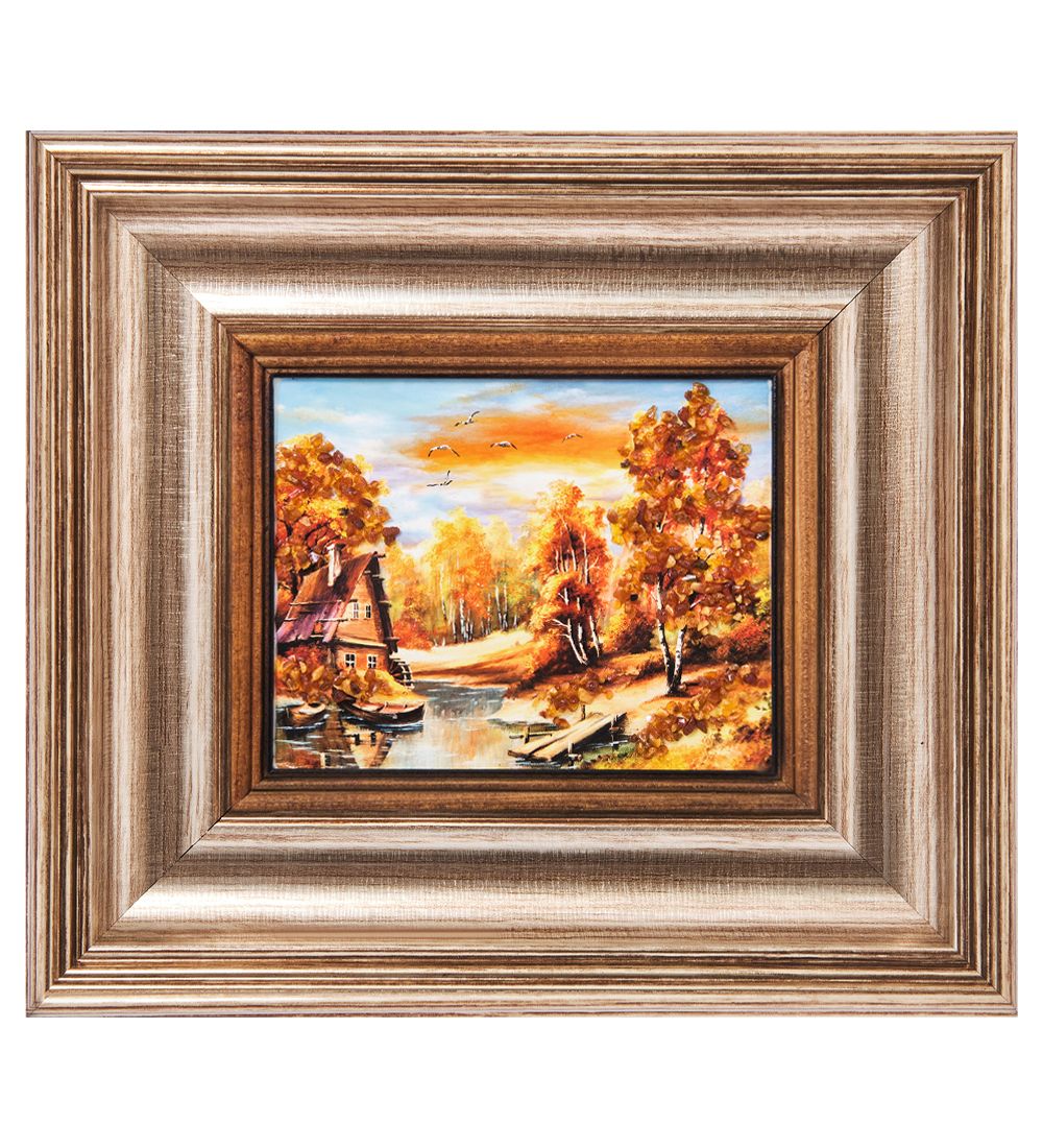 AMB-04/ 2 Картина «Домик у ручья» (с янтарной крошкой) H-18см