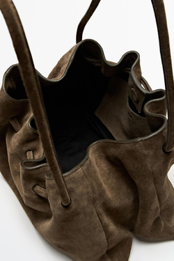 Massimo Dutti Кожаная сумка из замши со сборками, коричневый