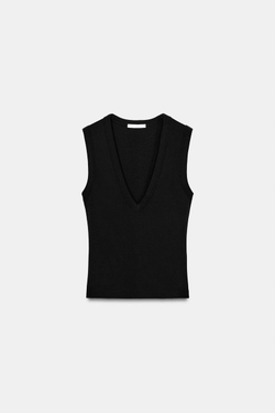 ZARA ХЛОПКОВАЯ ФУТБОЛКА С V-ОБРАЗНЫМ ВЫРЕЗОМ, ЧЕРНЫЙ