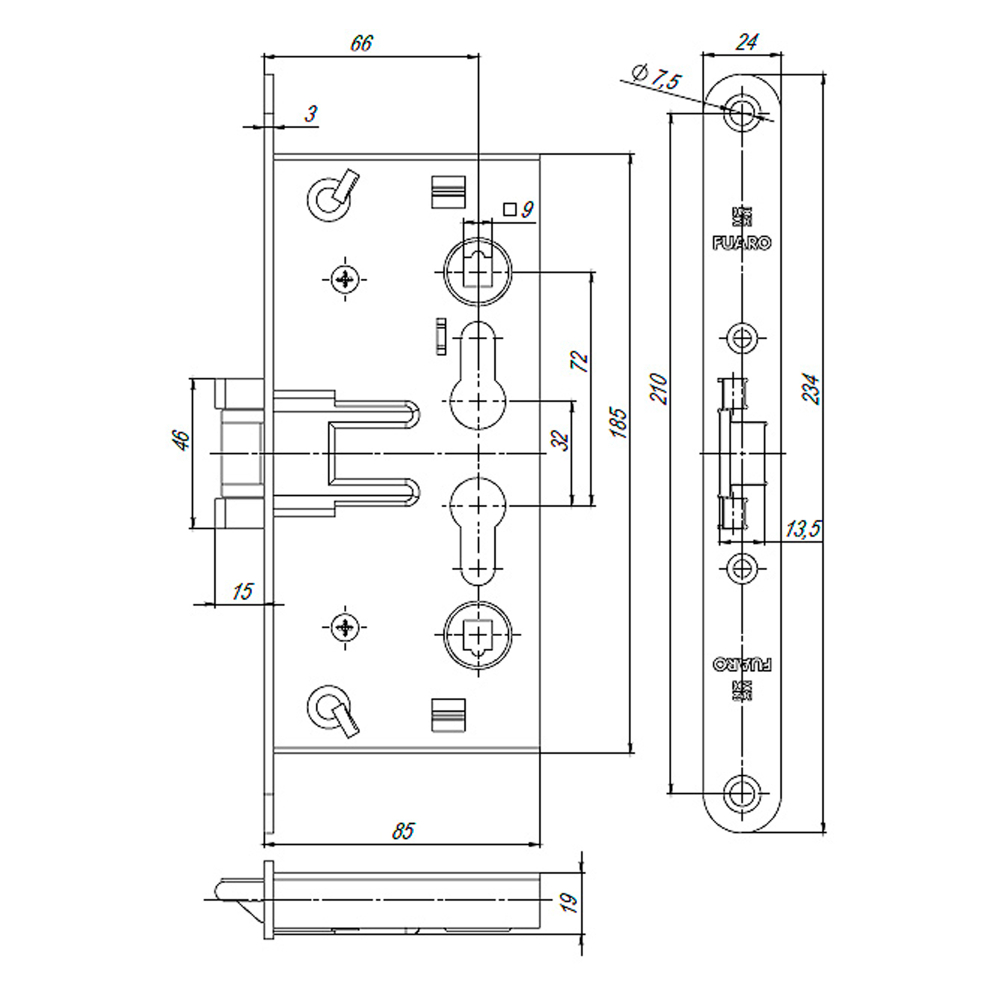 Корпус врезного замка c защёлкой FP.C-65.72-0432 (FL-0432)