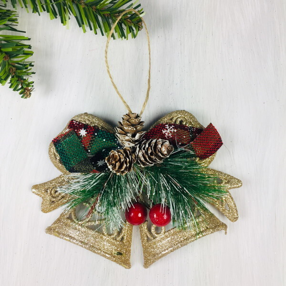 Украшение новогоднее «Колокольчики с ярким бантом» 15*11,5 см, Золото