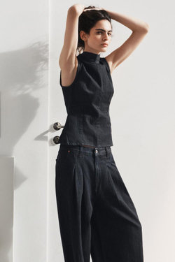 ZARA ДЖИНСОВЫЙ ТОП TRF С ГОРЛОВИНОЙ ХАЛТЕР И ЗАВЯЗКАМИ, ТЕМНЫЙ ИНДИГО