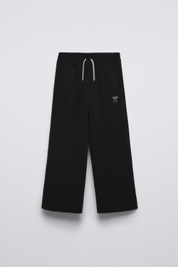 ZARA БРЮКИ С ШИРОКИМИ ШТАНИНАМИ И ВЫШИВКОЙ И БАНТОМ, ЧЕРНЫЙ