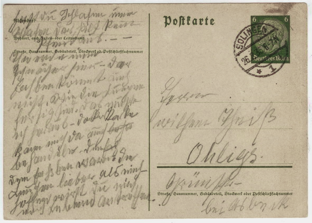 Почтовая карточка - Германия - 1935 год, подписана, прошла почту. Solingen (Золинген)