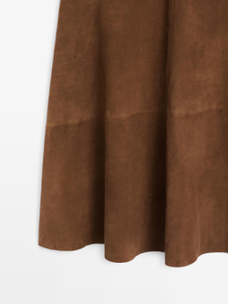 Massimo Dutti Юбка из замшевой кожи наппа с асимметричной кокеткой, коричневый