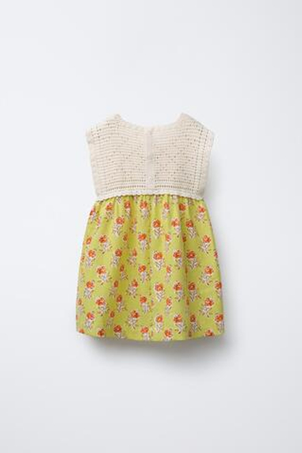 ZARA ПЛАТЬЕ ИЗ ХЛОПКА И ЛЬНА С КРУЖЕВОМ КРОШЕ, ЛАЙМОВЫЙ