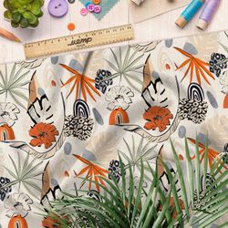 Ткань флис листья с оранжевыми цветами