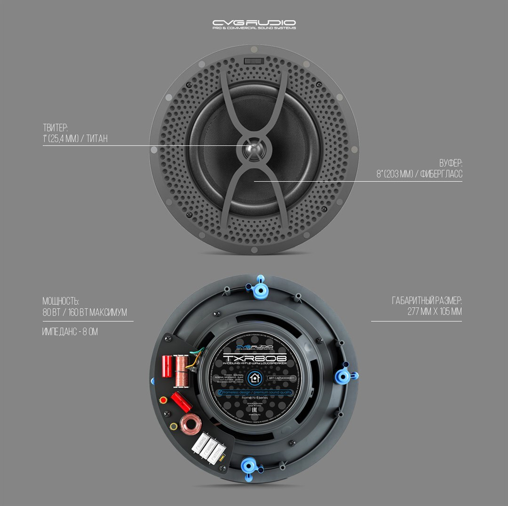 CVGAUDIO TXR808 Двухполосные встраиваемые 8” акустические системы Hi-Fi класса, 80W(RMS) / 8ohm, frameless дизайн, белый