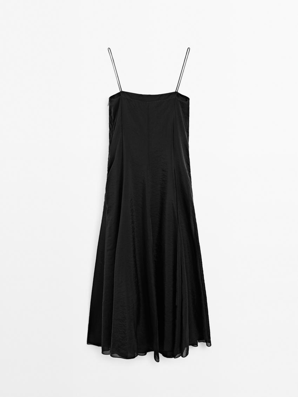 Massimo Dutti Платье миди из струящейся ткани с клиньями годе на юбке, черный