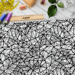 Ткань шифон мелкая чёрная паутина на белом фоне