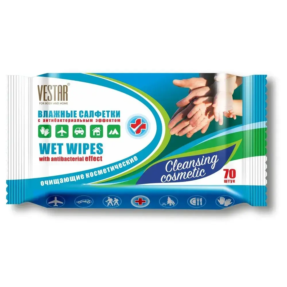 Влажные салфетки Vestar очищающие с антибактериальный эффектом 70 шт
