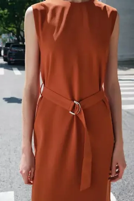 ZARA ПЛАТЬЕ МИДИ С РЕМНЕМ, ТЕРРАКОТОВЫЙ