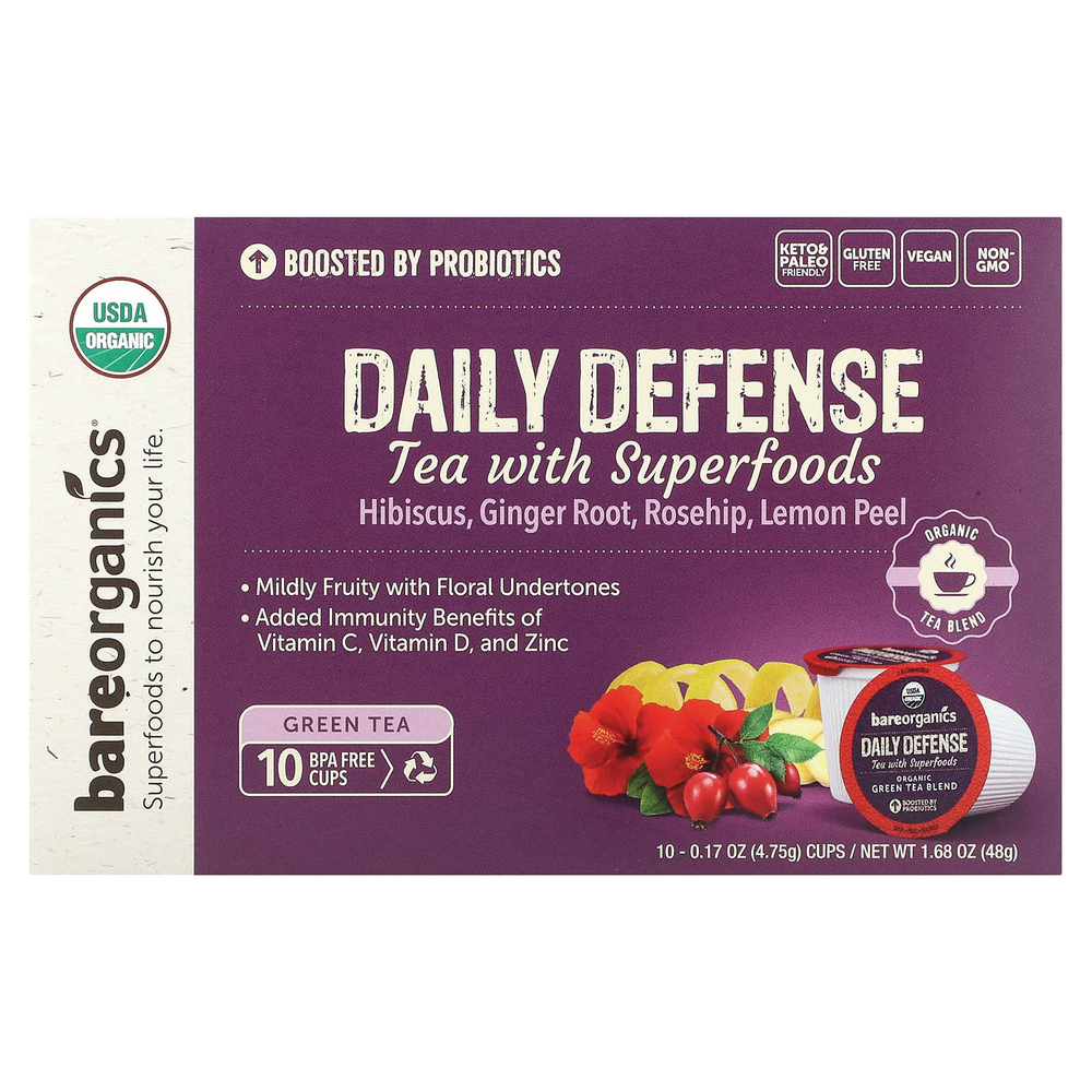 BareOrganics, Daily Defense, чай с суперфудами, зеленый чай, 10 чашек по 4,75 г (0,17 унции)