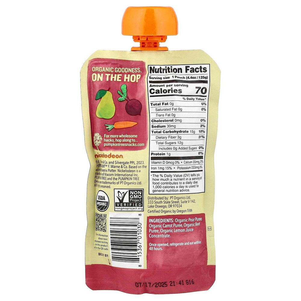 Pumpkin Tree Organics, Peter Rabbit™ Organics, пюре из органических фруктов и овощей, груша, морковь и свекла, 125 г (4,4 унции)