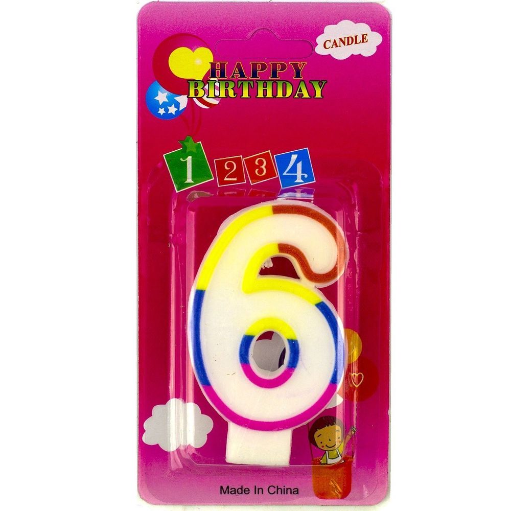 Свеча для торта с держателем Alingar, 7,0 см, "Цифра 6", белый цвет, цветная окантовка, блистер с европодвесом