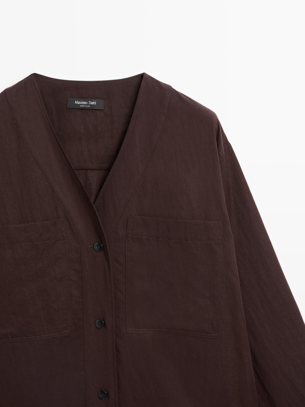 Massimo Dutti Вид Рубашка с V-образным вырезом и карманами, коричневый