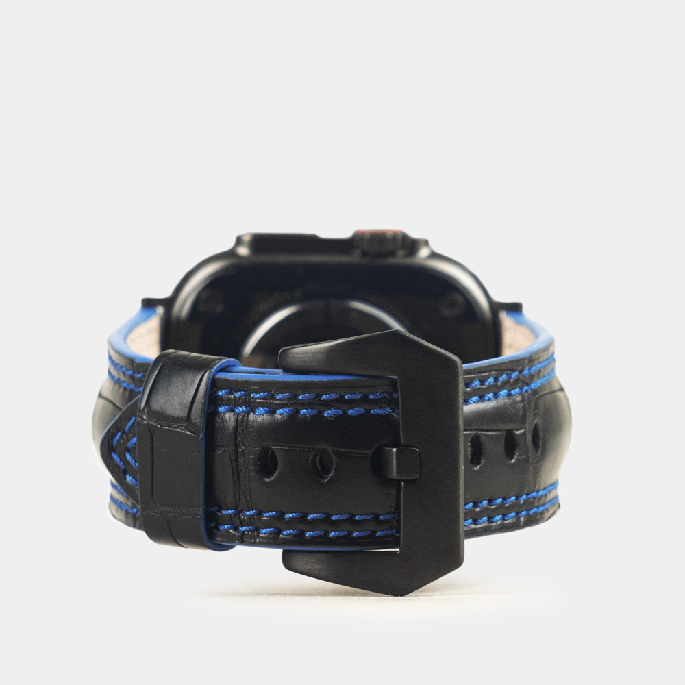 Ремешок для Apple Watch Ultra 49mm из кожи крокодила черного цвета с синей строчкой