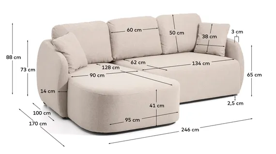 Трехместный диван-кровать Laira с левым шезлонгом из бежевого шенилла 246 см