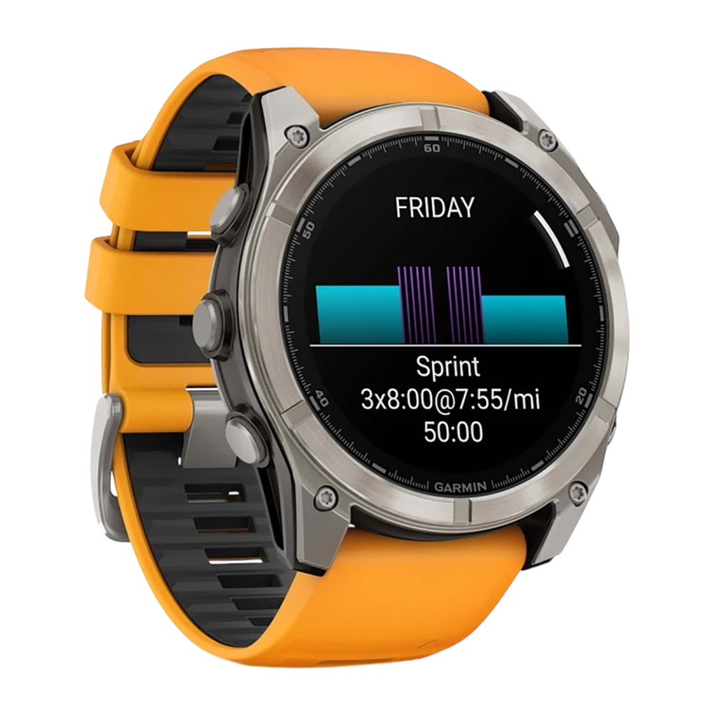Спортивные часы Garmin fenix 8, 51 мм, AMOLED, титан, сапфир, силиконовый ремешок цвета «оранжевая искра»/графитовый Безель из титана, AMOLED-дисплей. Ремешок с классической застёжкой — на запястье обхватом 127–210 мм