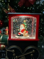 Новогодний музыкальный фонарь светильник паровозик с Дедом Морозом и снегом