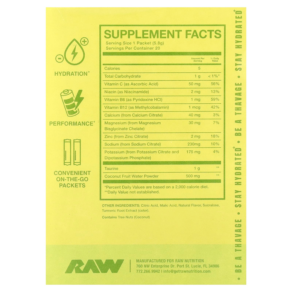 Raw Nutrition, Bum, для восполнения потери жидкости, электролитная формула, лимон и лайм, 20 пакетиков по 5,8 г (0,2 унции)