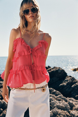 ZARA ТОП С ВОЛАНАМИ И ЗАВЯЗКАМИ, КОРАЛЛОВЫЙ