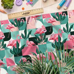 Ткань атлас фламинго в квадратах