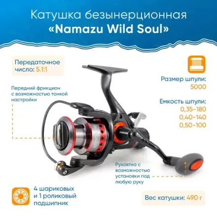 Катушка безынерционная Namazu Wild Soul WS5000, 4+1 подш., метал. шпуля + запасная графит. шпуля/20/
