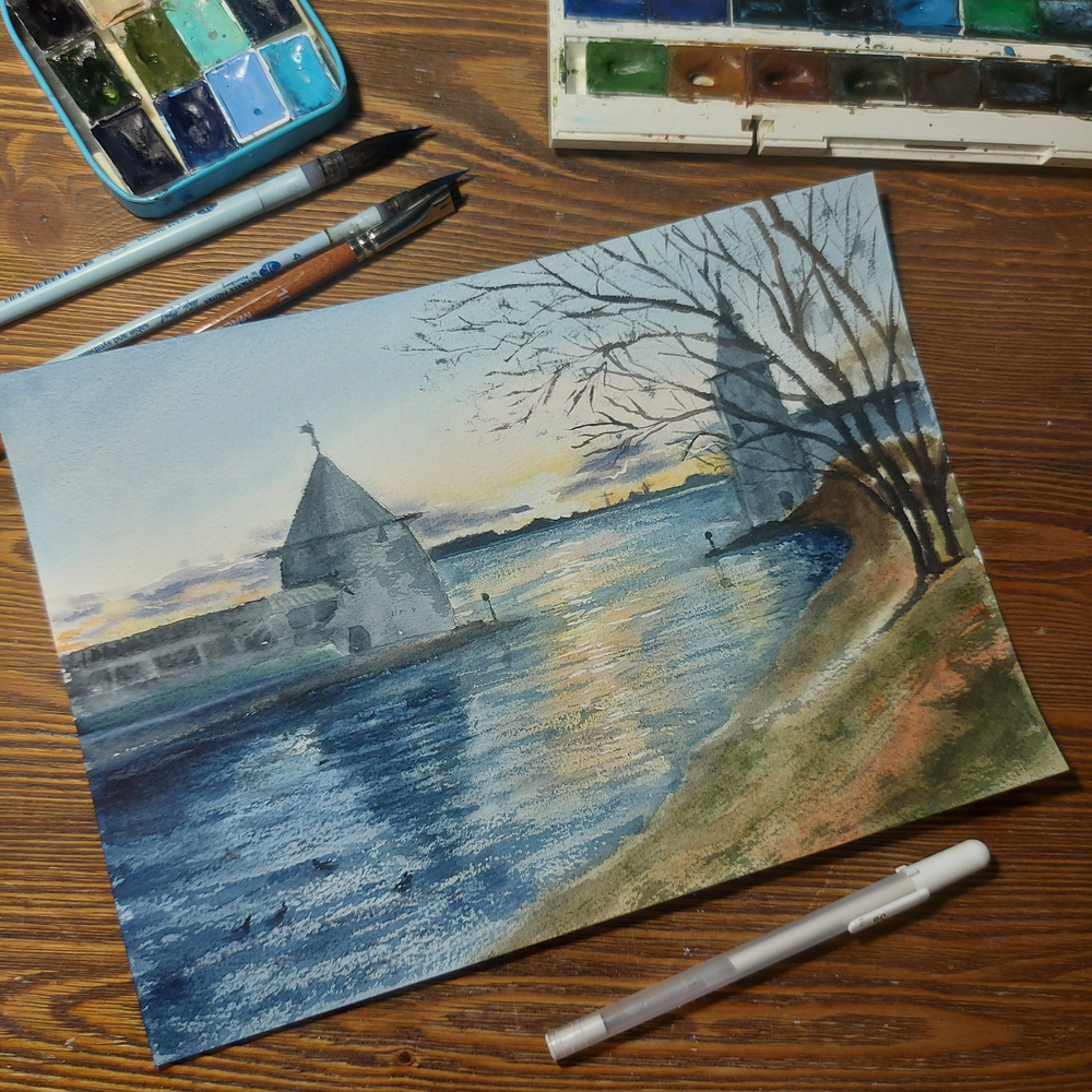 Картина авторская акварельная в паспарту 30х40 см на стену для интерьера "На берегу Псковы"